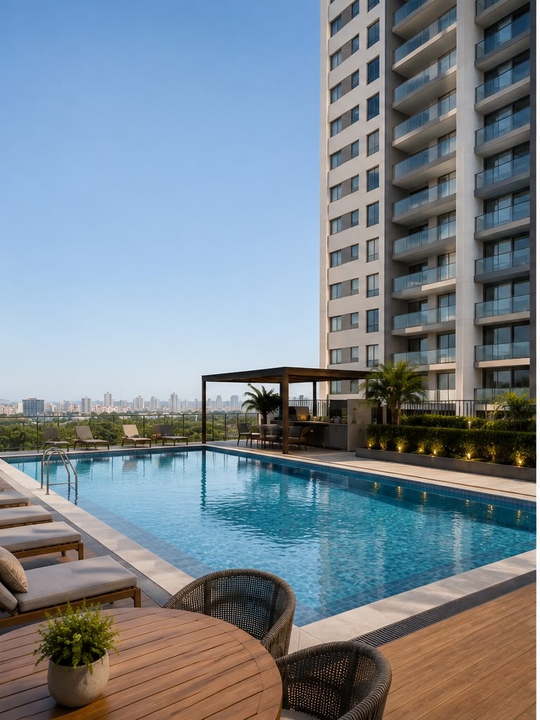Prédio residencial moderno com piscina no rooftop e vista da cidade